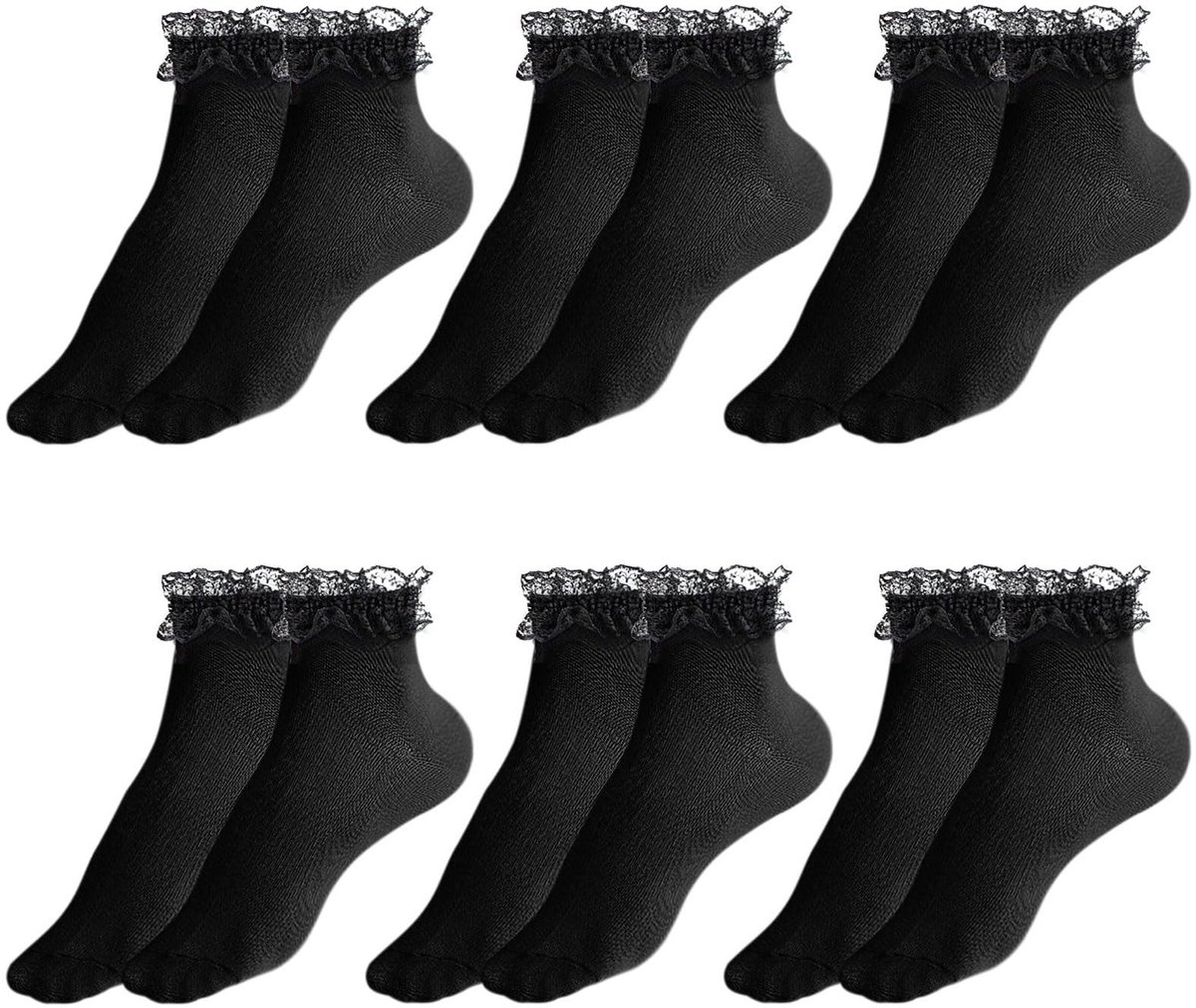Dailygoods- Enkelsokken 6 Paar - Zwarte Katoenen Sokken - Ruche Sokken - Kanten Sokken - Ballet Sokken - Voor Dames en Meisjes