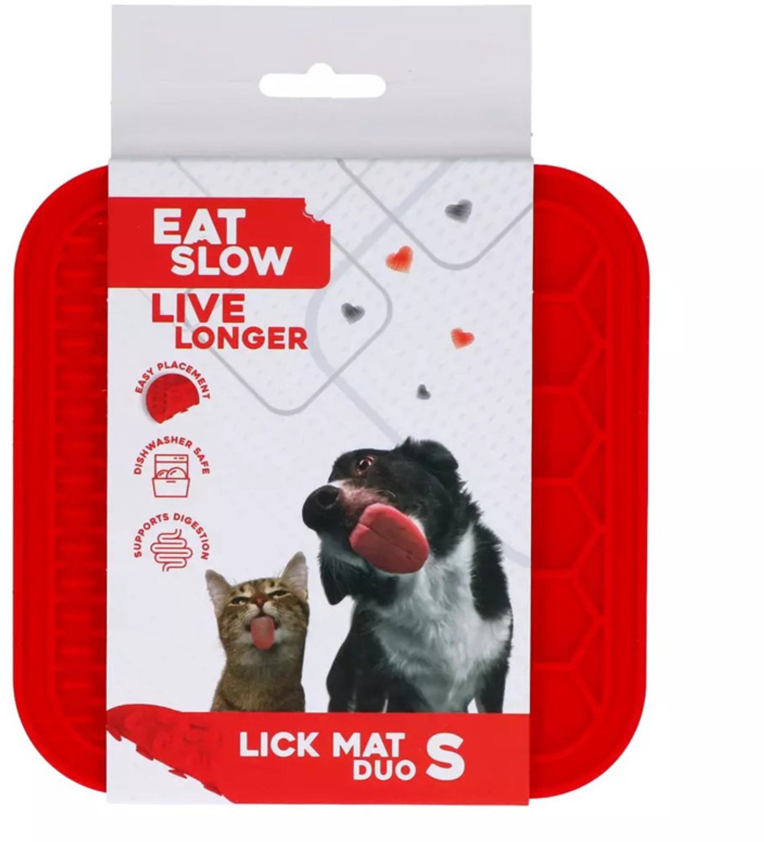 Eat Slow Live Longer Duo Likmat - 15 x 15 cm - Vierkant - Snuffelmat - Anti-schrok Mat - Slowfeeder Honden en Katten - 100% Siliconen - Vaatwasserbestendig - Maat S - Voerpuzzel Kat - Rood