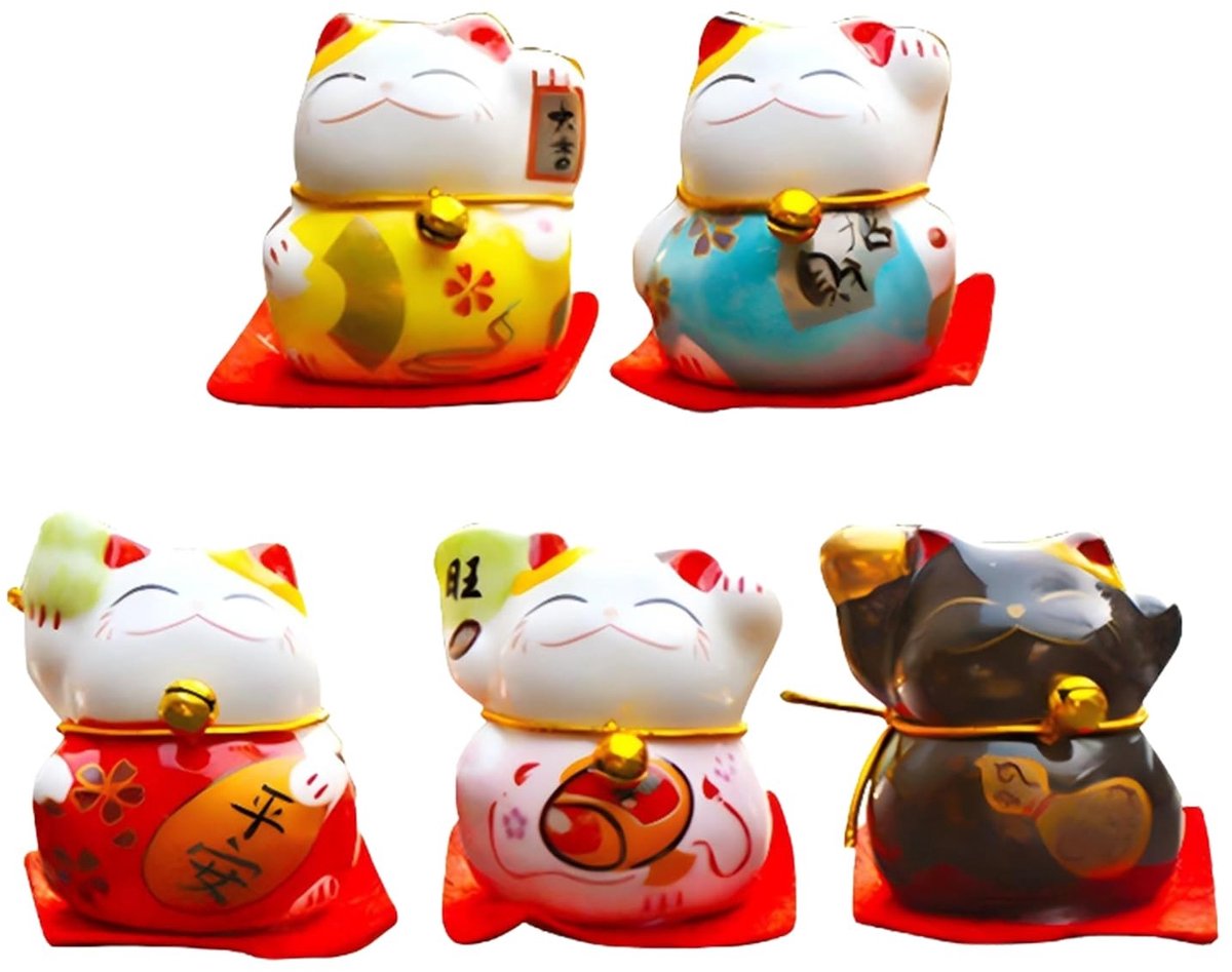 Dailygoods- Maneki Neko Beeldjes 5 Stuks - Gelukskat - Fortune Cat - Keramiek - Schattig - Felle Kleuren - Autodecoratie