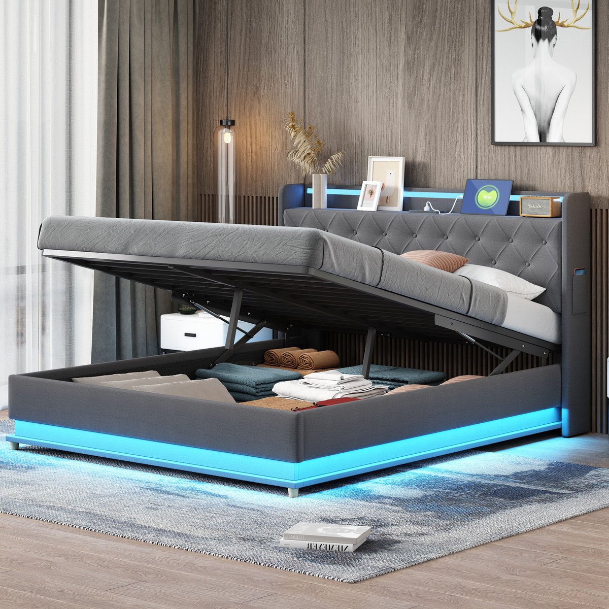 DESMIU Gestoffeerd Bed 160 X 200 Cm – Bed Met Meerkleurige Ledverlichting, Usb-Oplaadpunt En Hydraulische Opbergruimte – Voor Slaapkamer – Grijs – Zonder Matras