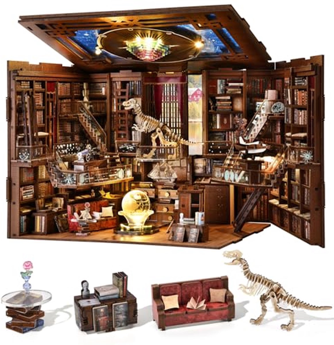 Boekenhoek Bouwpakket - Miniatuur Huis - Decoratief Object - Met LED Licht - 22.86 cm Hoog - Houtkleur