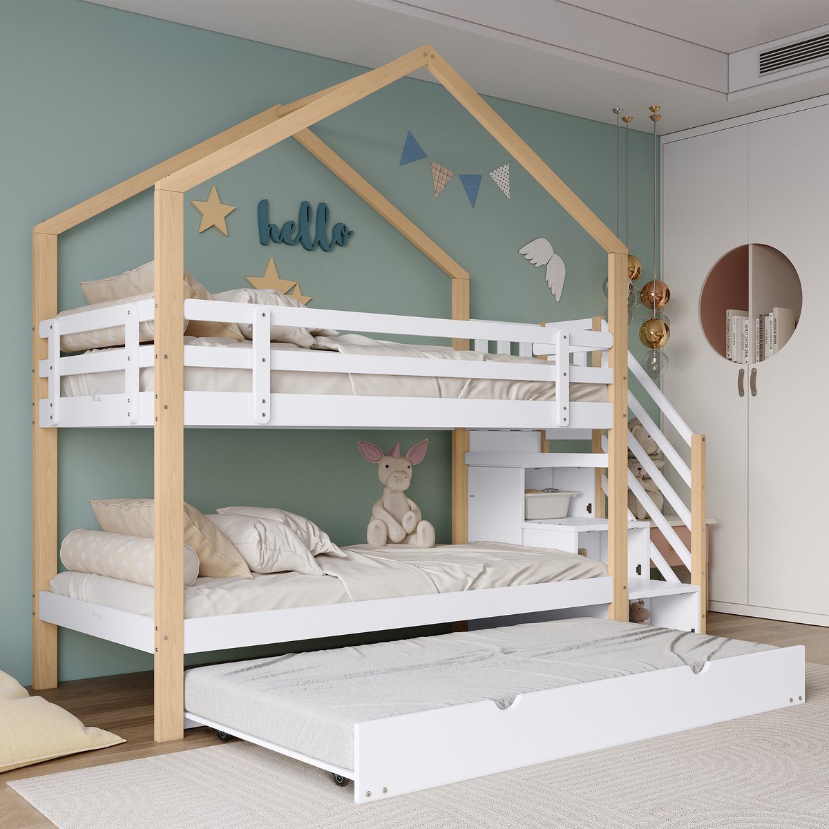 DESMIU Stapelbed 90x200 cm – Uitschuifbaar Boomhuisbed Met Lattenbodems – Trap Met 4 Laden – Zonder Matras – Voor Kinderkamer – Massief Hout En MDF – Wit Natuurlijk