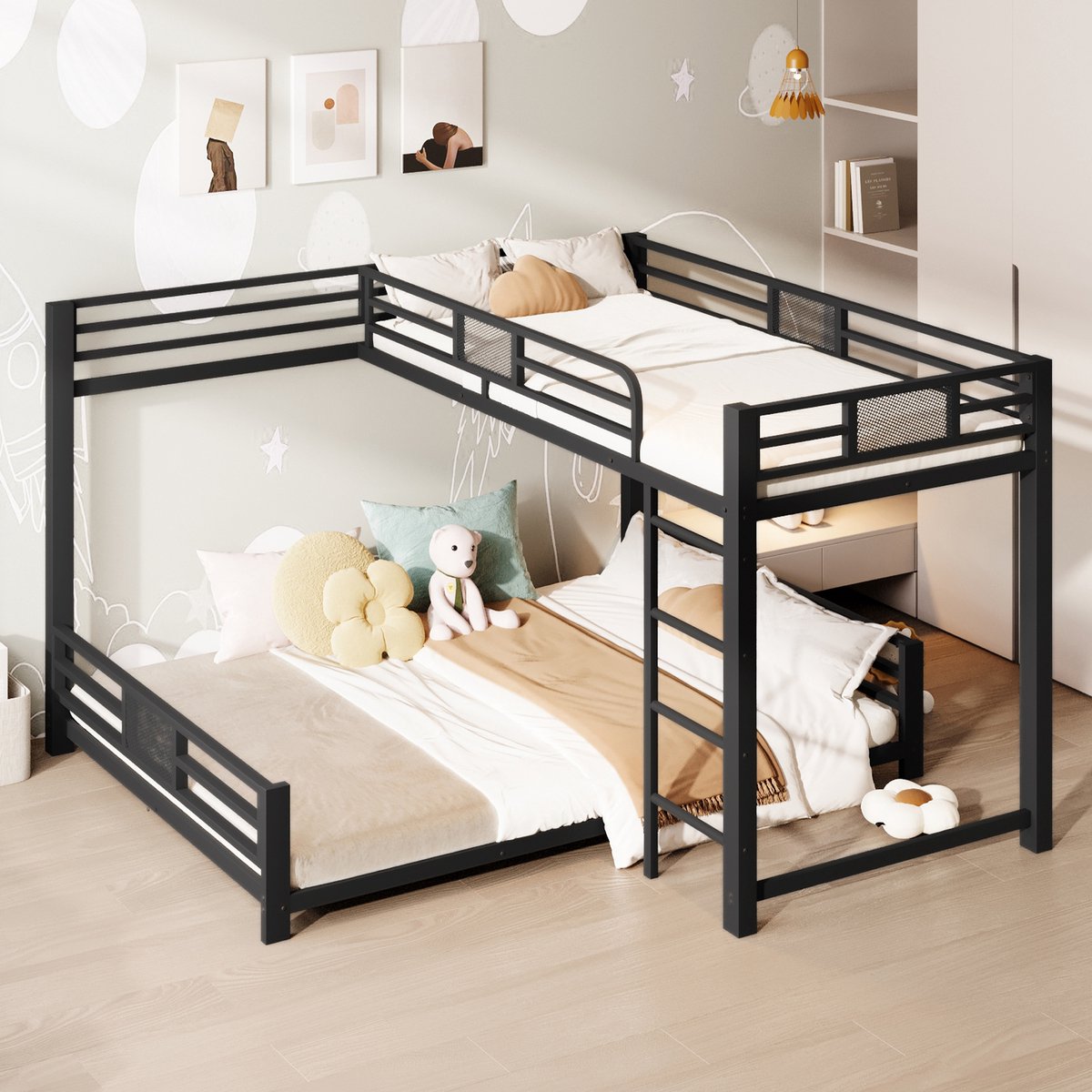 DESMIU L-vormig Metalen Stapelbed 140x200 cm – Ruimtebesparend Bedframe – Met Veiligheidshekken – Voor Kinderkamer en Gastenverblijf – Zwart – Zonder Matras