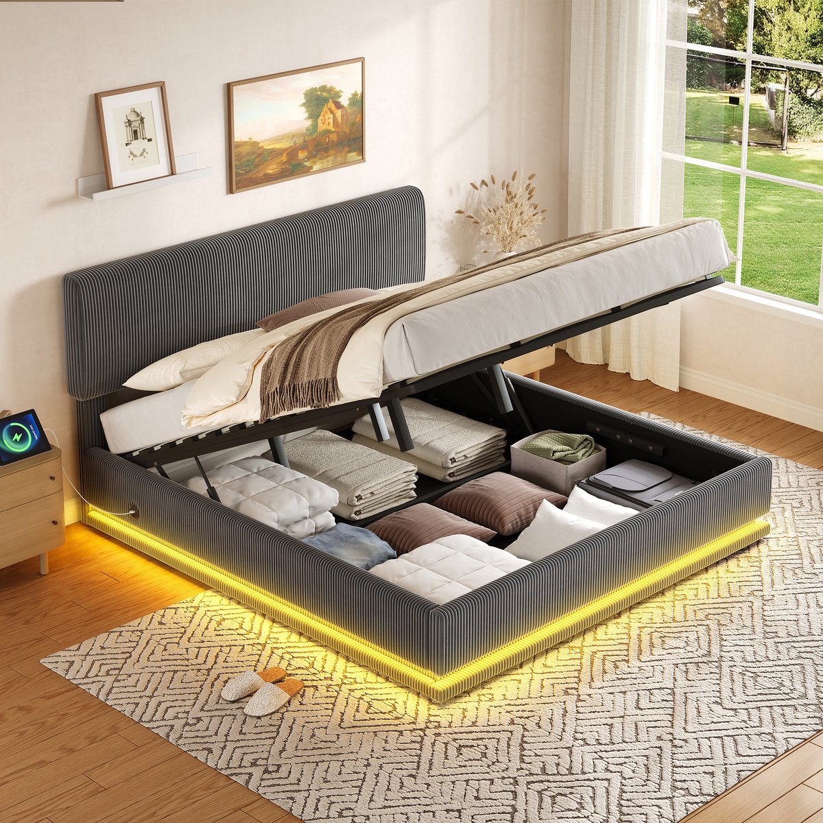 DESMIU Gestoffeerd Bed 180 Cm X 200 Cm Verstelbaar Hoofdbord Met Led Verlichting En Usb C Oplaadfunctie Grote Opbergruimte Onder Bed Voor Slaapkamer Ribfluweel Donkergrijs Zonder Matras