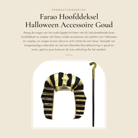 Dailygoods- Farao Hoofddeksel - Farao Scepter - Halloween Kostuum - Cosplay Accessoire - Gouden/Zwarte Kleur - Hoogwaardige Materialen - Kostuumaccessoire
