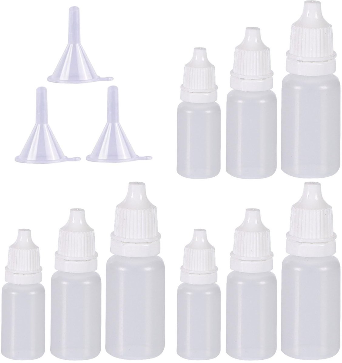 Dailygoods- Druppelfles 10 ml - 9 x Druppelflesje - 3 x Trechter - PE Materiaal - Herbruikbaar - Hoge Kwaliteit
