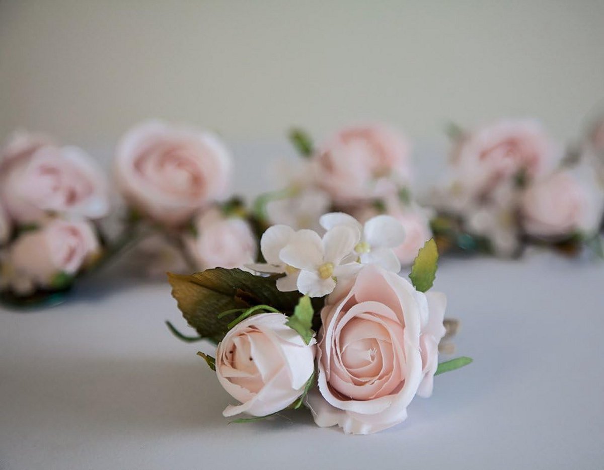 Zijde Roos Corsage - Bruiloft Corsages - Bruiloft Versiering - Dubbele Roos Ontwerp - 6 Stuks - Lichtroze