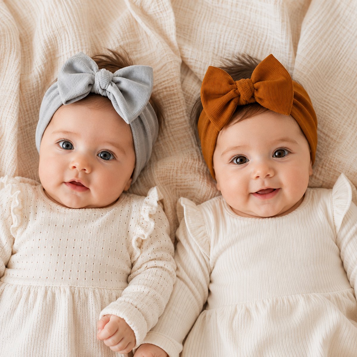 MijnNami Newborn Haarbandjes - Rust en Cloud - 0/6 maanden - Eco-vriendelijk katoen - 2 Stuks