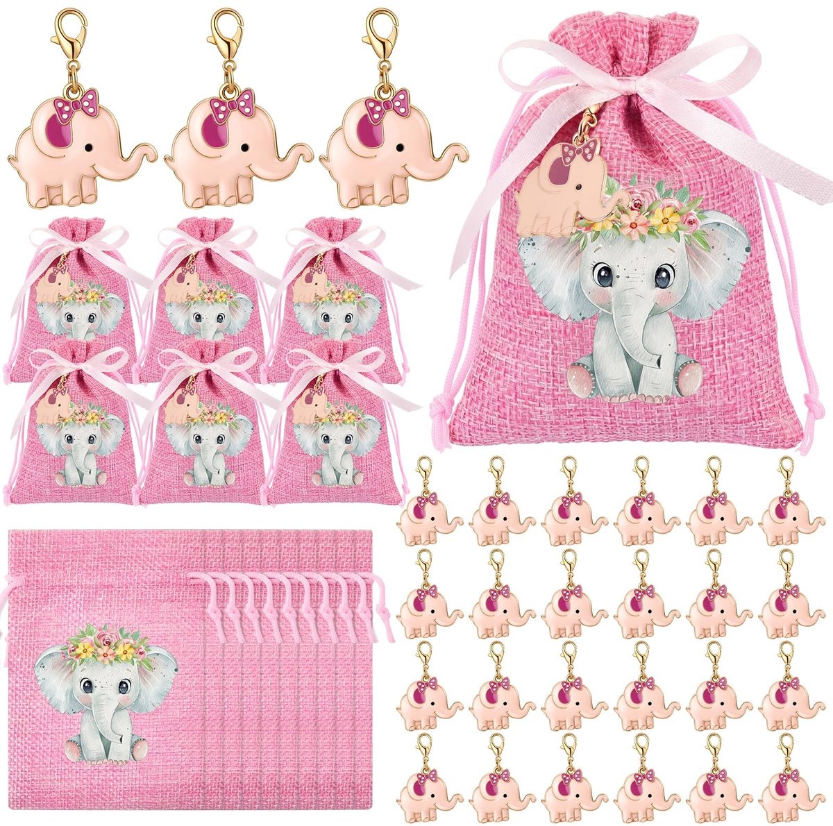 Dailygoods- Dooptasjes 30 Sets - Linnen Zakjes - Sleutelhangers - Feestlint - Cadeautasjes - Geschikt voor Doop en Verjaardag