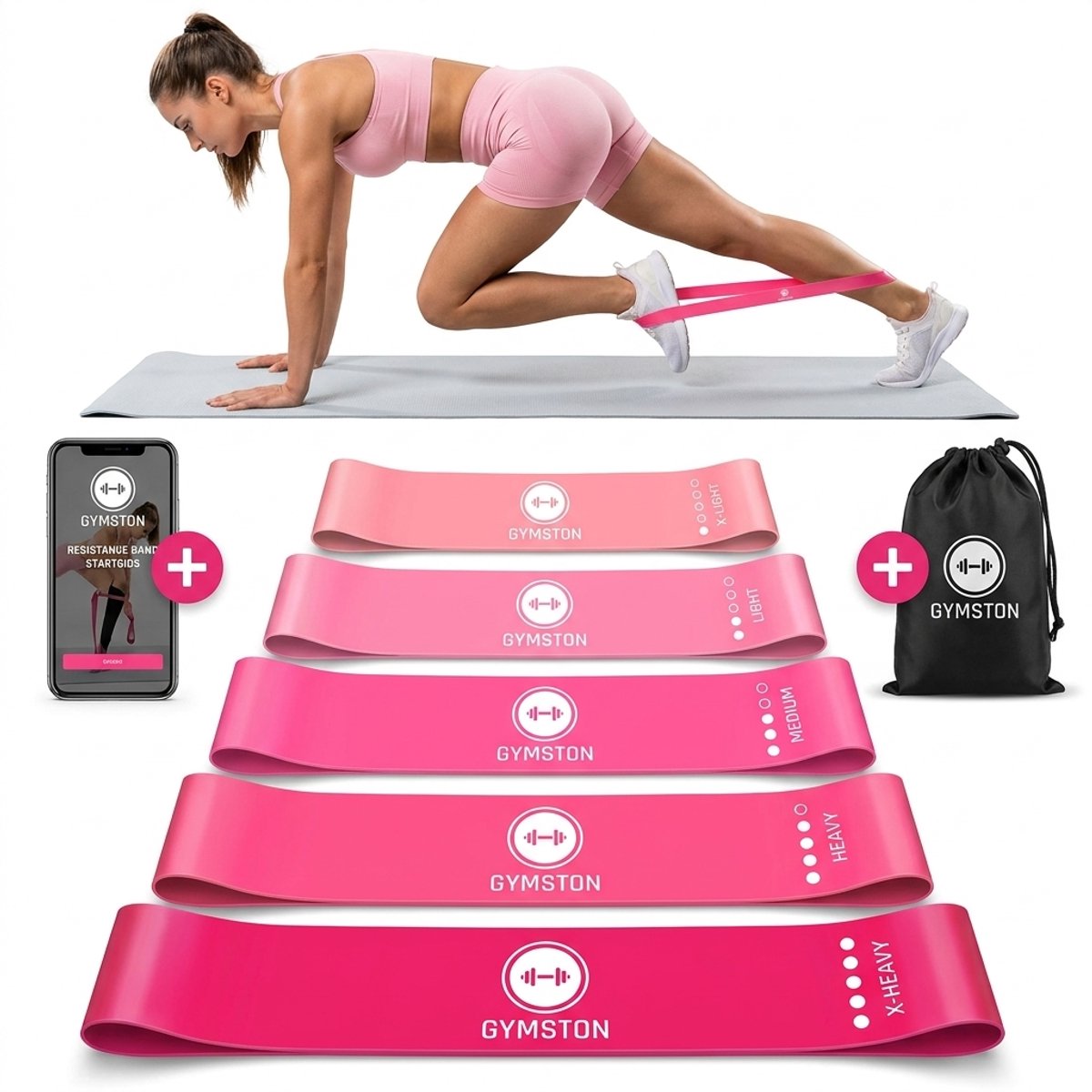Gymston - Weerstandsbanden Set - 5 stuks - Incl. Draagtas en E-Book & Handleiding - Roze