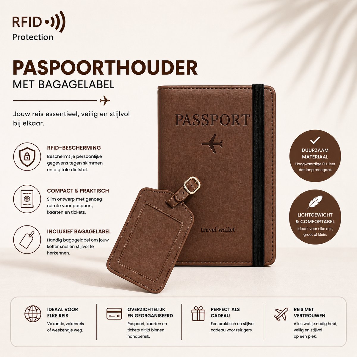 Paspoort hoesje met Bagagelabel (set) - Paspoorthouder beschermhoes cover voor paspoort & kaarthouder - RFID bescherming - Bruin