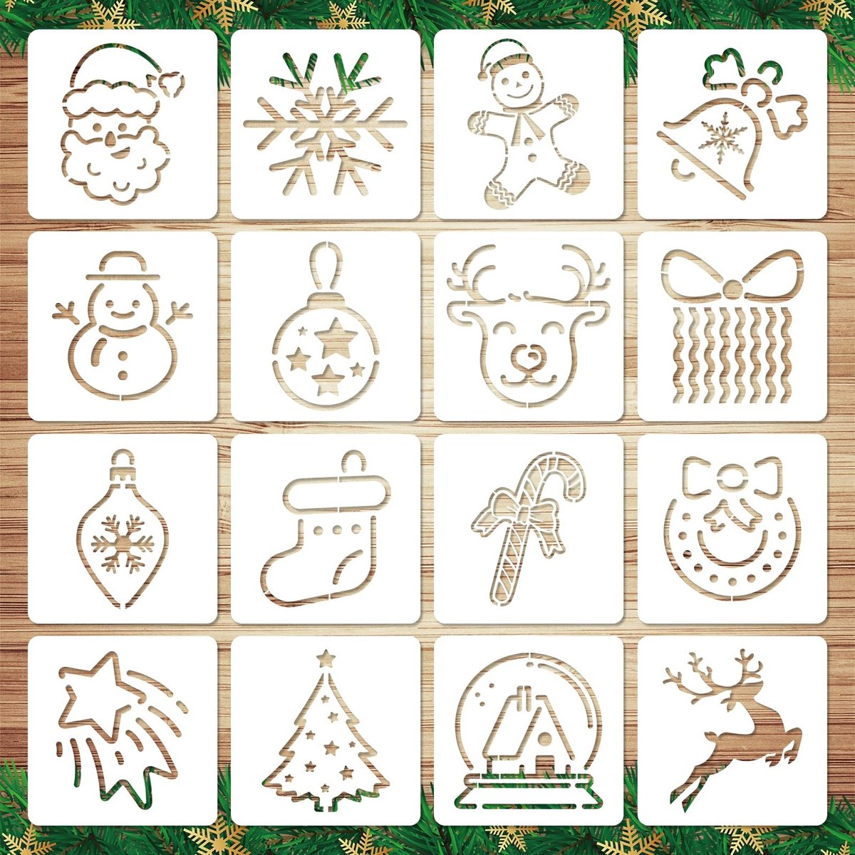 Dailygoods- Kerstsjablonen 16 Stuks - Herbruikbare Sjablonen - PET Materiaal - 13x13cm - Vrolijke Patronen - Duurzaam en Schilderen - Kerststencils