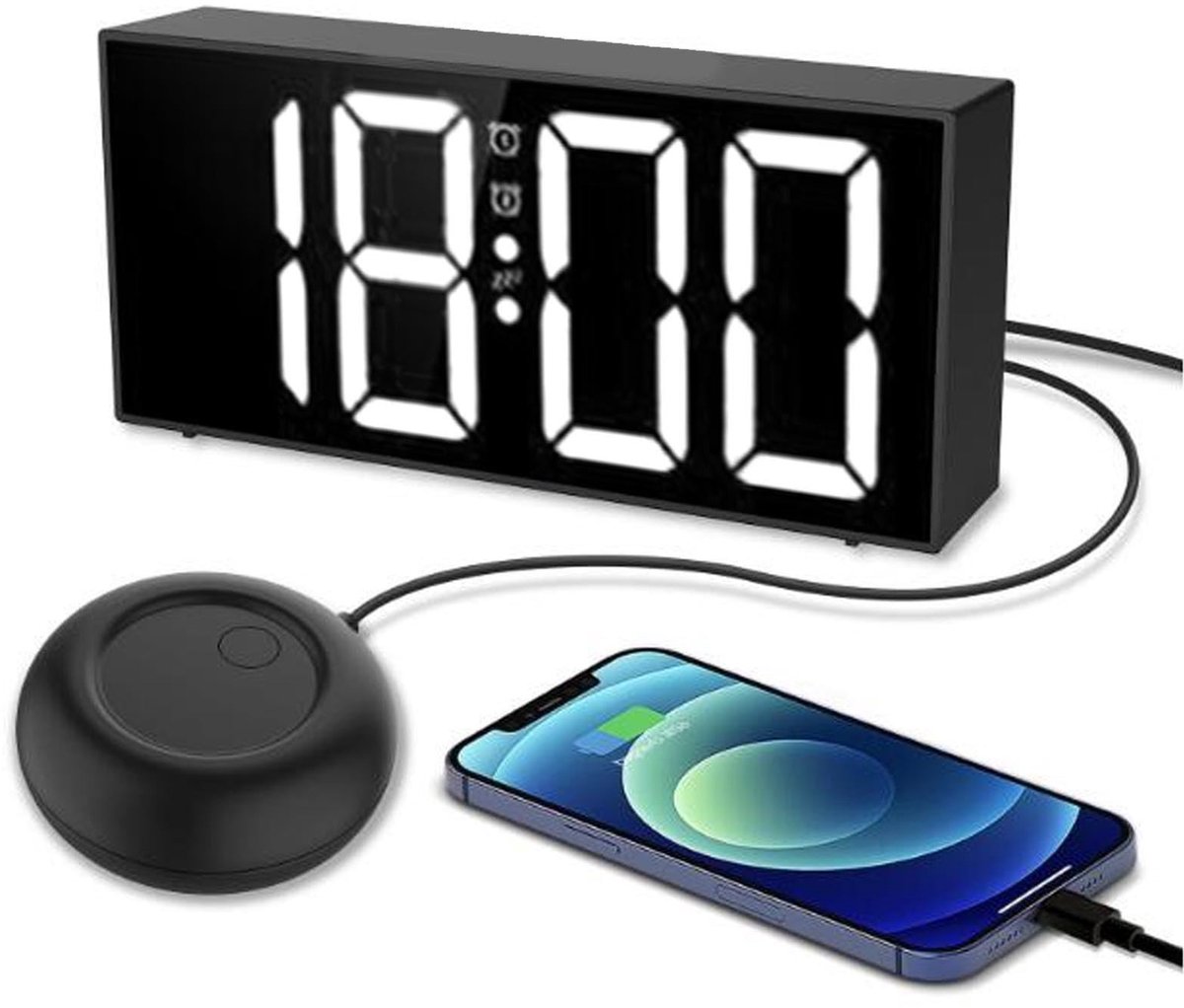 Dailygoods- Wekker Luide Bedschudder - 3 Alarmmodi - 7,4 Inch LED Display - Spiegelontwerp - Verstelbare Helderheid - Geschikt voor Slaapproblemen - Trillingswekker