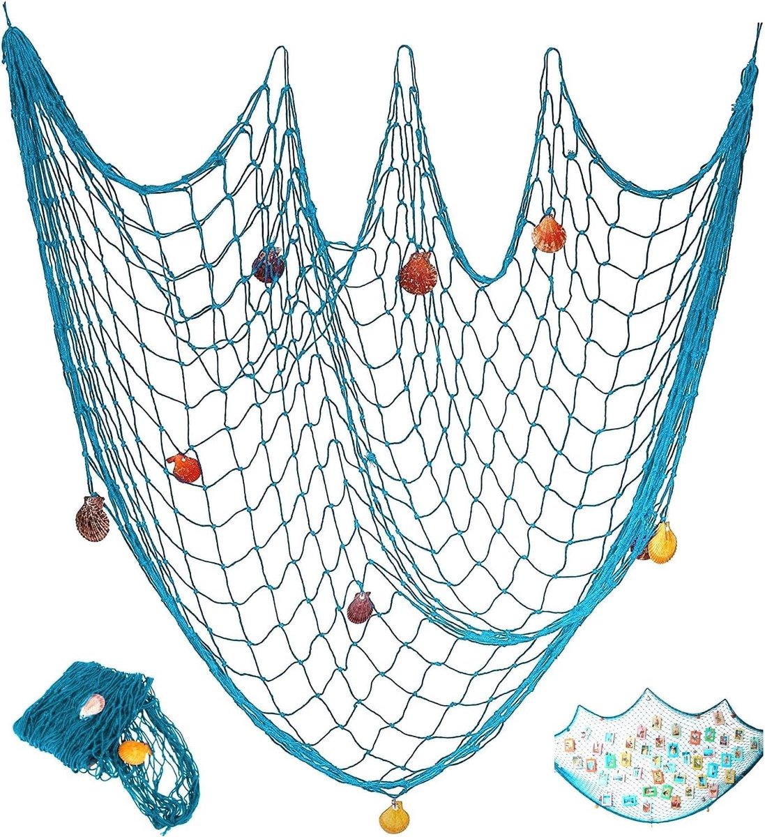 Dailygoods- Visnet Decoratief 100 x 200 cm - Nautische Decoratie - Mediterrane Stijl - Katoen/Schelpen - Themafeest Decor - Unieke Interieurstijl - Decoratief Net