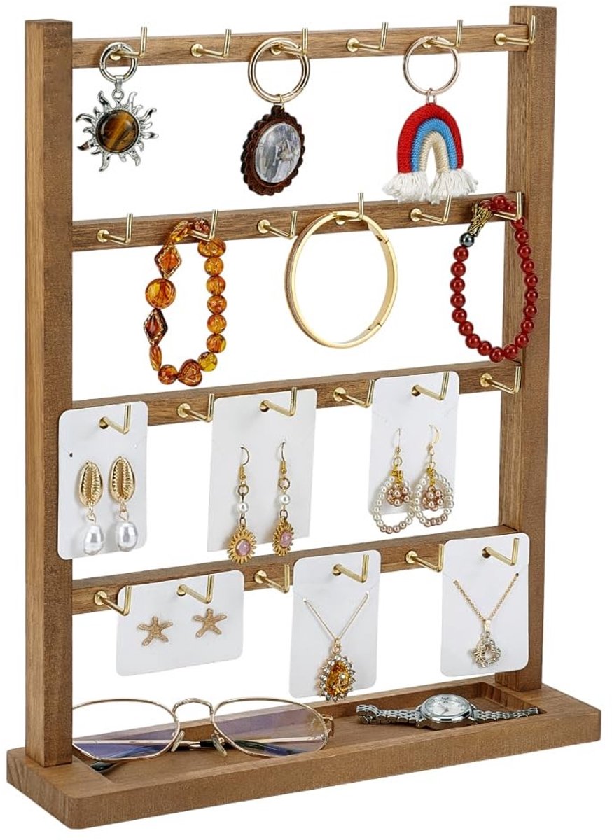 Dailygoods- Sieradenorganizer Houten - Sieraden Display - Oorbellenhouder - 4 Niveaus - 24 Haken - 37x29.9x8.5cm - Sieradendisplay