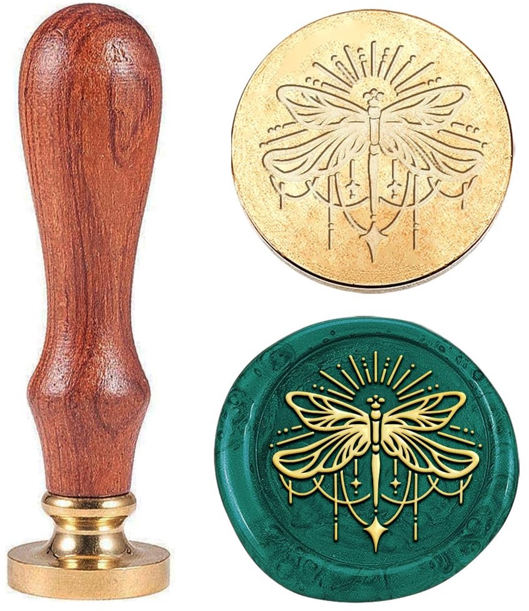 Dailygoods- Zegelwasstempel Vintage - Libelle Ontwerp - 25 mm - Afneembare Messing Kop - Houten Handvat - Eenvoudig in Gebruik - Zegelstempel