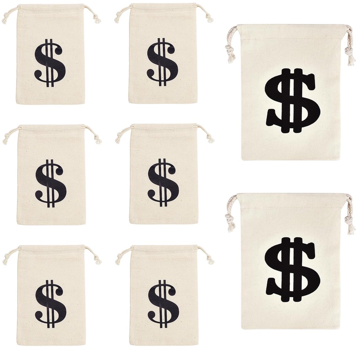Dailygoods- Zakjes met Trekkoord - 2 Kleine/Grote Zakjes - Stoffen Zakjes - Opbergzakjes - Robuust Canvas - Modieus Ontwerp met Dollarsymbool