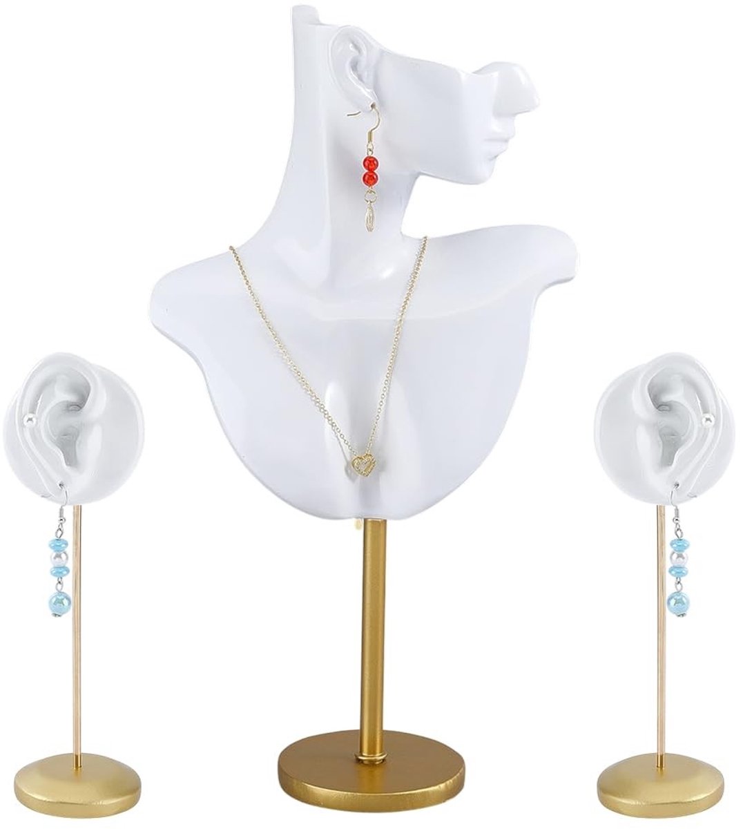 Dailygoods- Sieradenbuste - Presentatiestandaard - Halskettingen/Oorbellen - Goudkleurige ijzeren steun - 32 cm hoog - Mat wit, fotoklaar oppervlak - Sieradenstandaard