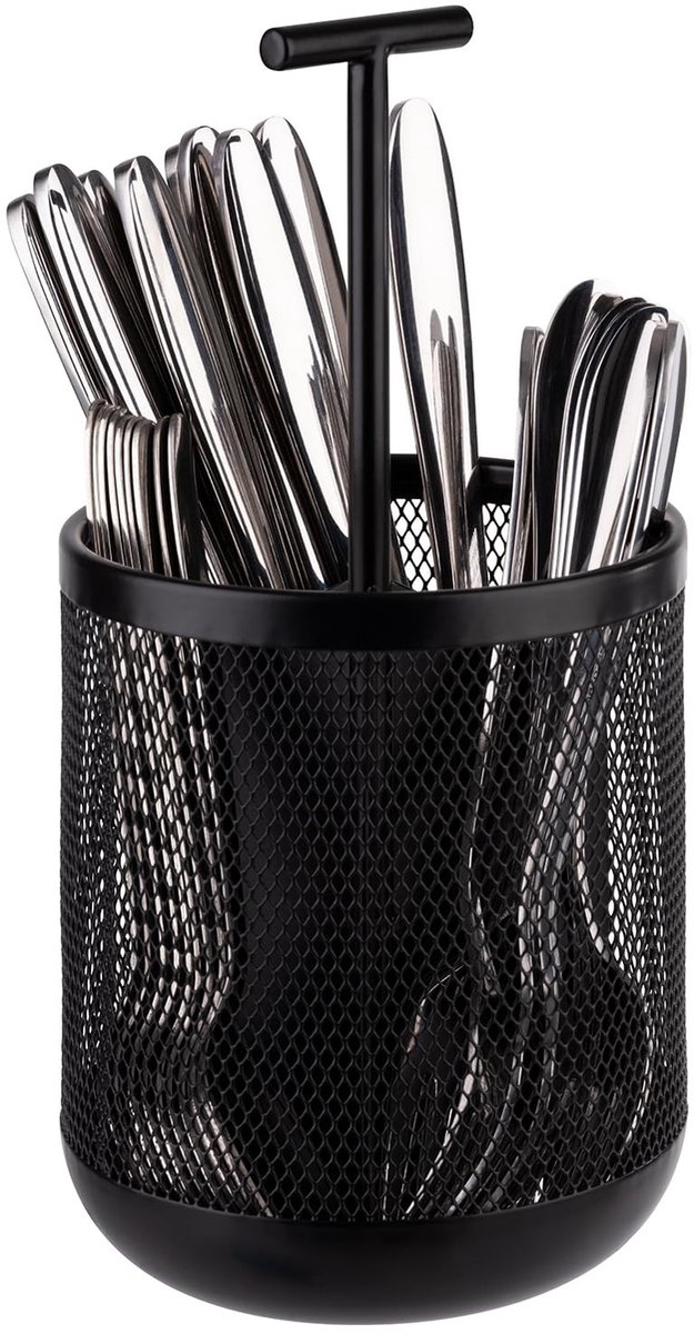 Dailygoods- Bestekbak Metalen Container - 3 Vakken - Ø 12 cm - Hoogte 25 cm - Meubelvriendelijke Onderkant - Stijlvolle Opslag - Bestekhouder