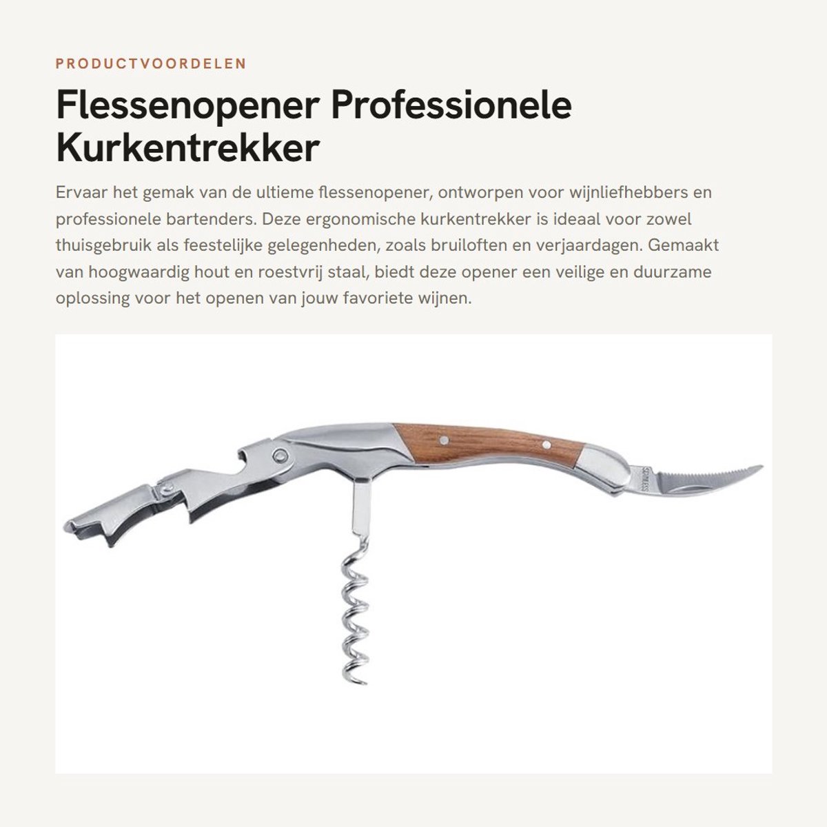 Dailygoods- Flessenopener Professionele Kurkentrekker - Kurkentrekker Wijn - Bieropener - Handheld Flessenopener - Ergonomisch Ontwerp - Hoogwaardig Hout/Roestvrij Staal