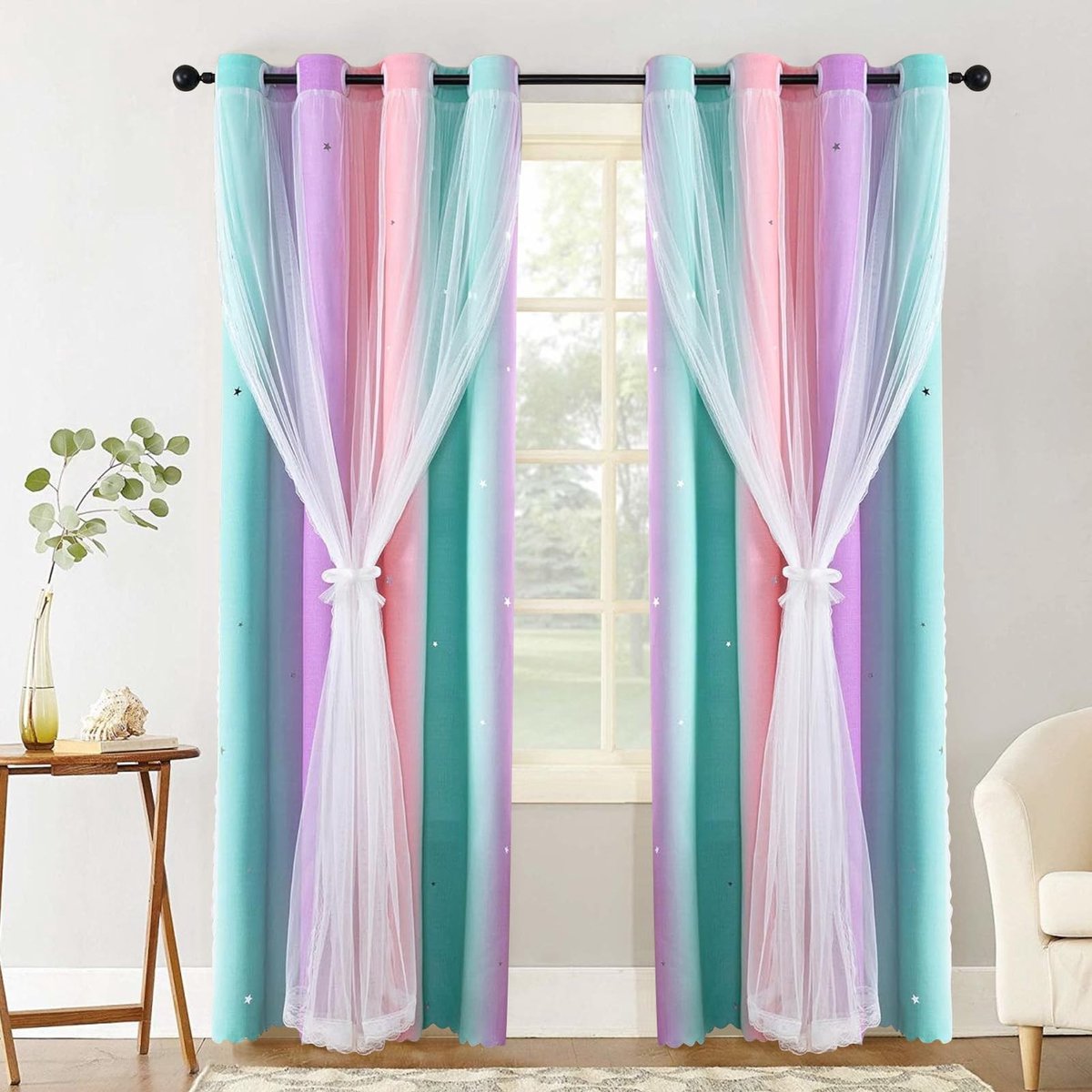 Dailygoods- Verduisteringsgordijnen 2 Panelen - Verduisterend - Ombre Regenboog - Sterren - Kinderkamer - B 133 x 160 cm - Gordijnen
