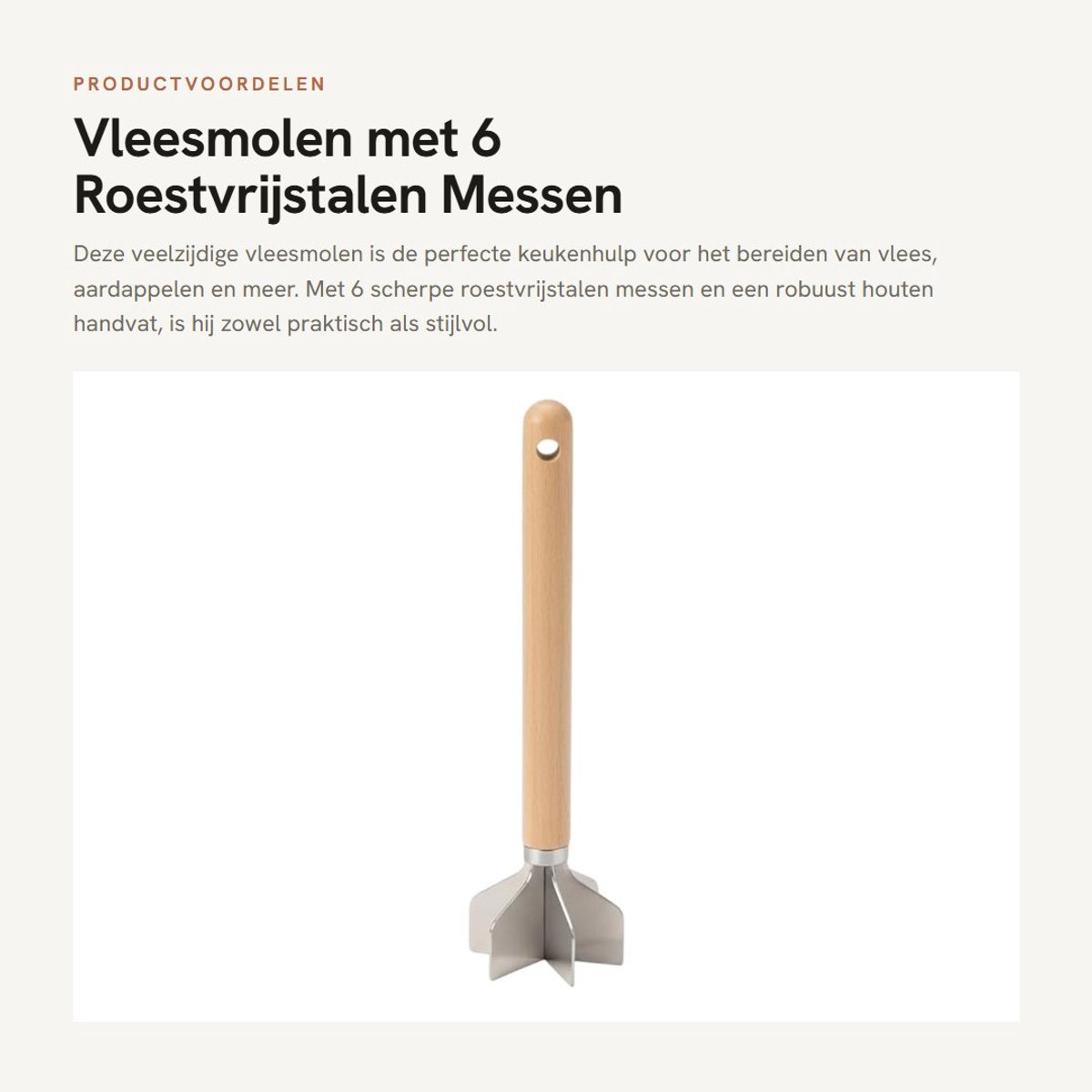 Dailygoods- Vleesmolen 6-blad roestvrij staal - Gehaktverdeler - Aardappelstamper - Houten handvat - 28 cm lang - Ergonomisch ontwerp - Vleesvermaler