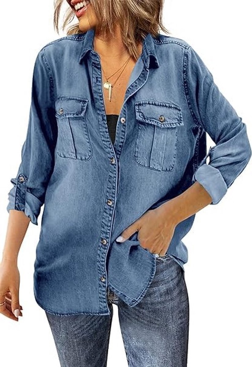 Dailygoods- Jeanshemd Casual - Lange Mouwen - Knoopsluiting - Borstzak - Lichtgewicht - Ademend Katoen - V-hals Ontwerp - Denim Blouse