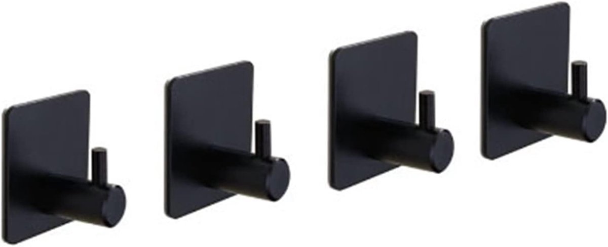 Dailygoods- Wandhaak 4 Stuks - Sterke Lijm - Roestvrij Staal - Zwart Vierkant - Voor Kleding/Handen/Handtassen - Oxidatiebestendig - Haak