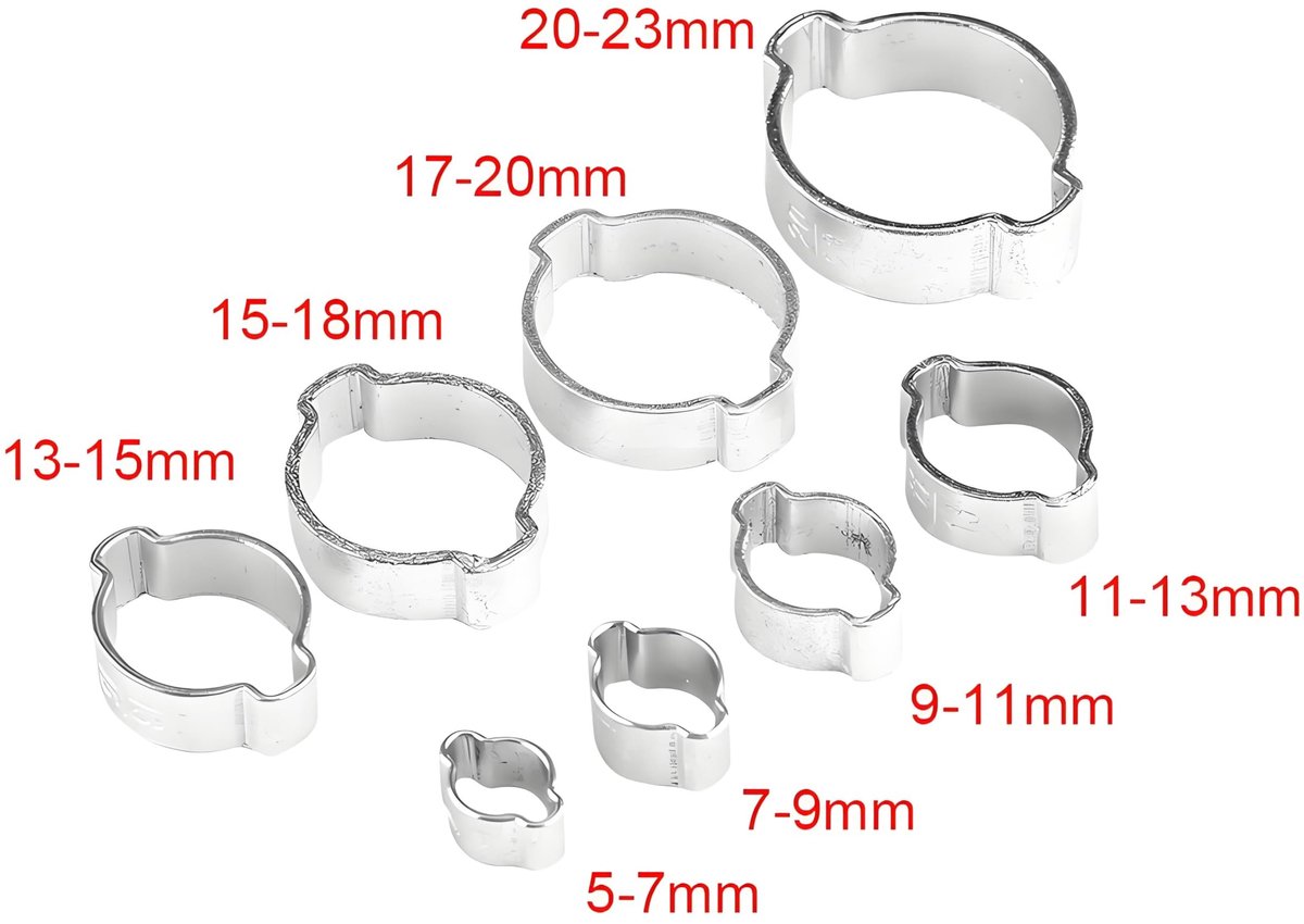 Dailygoods- Slangklemmen Assortiment 10 Stuks - Roestvrij Staal - Instelbare Buisklem 5-23mm - Twee-Oor Klemmen - Voor Fule/Benzine Buis - Hoogwaardige Kwaliteit