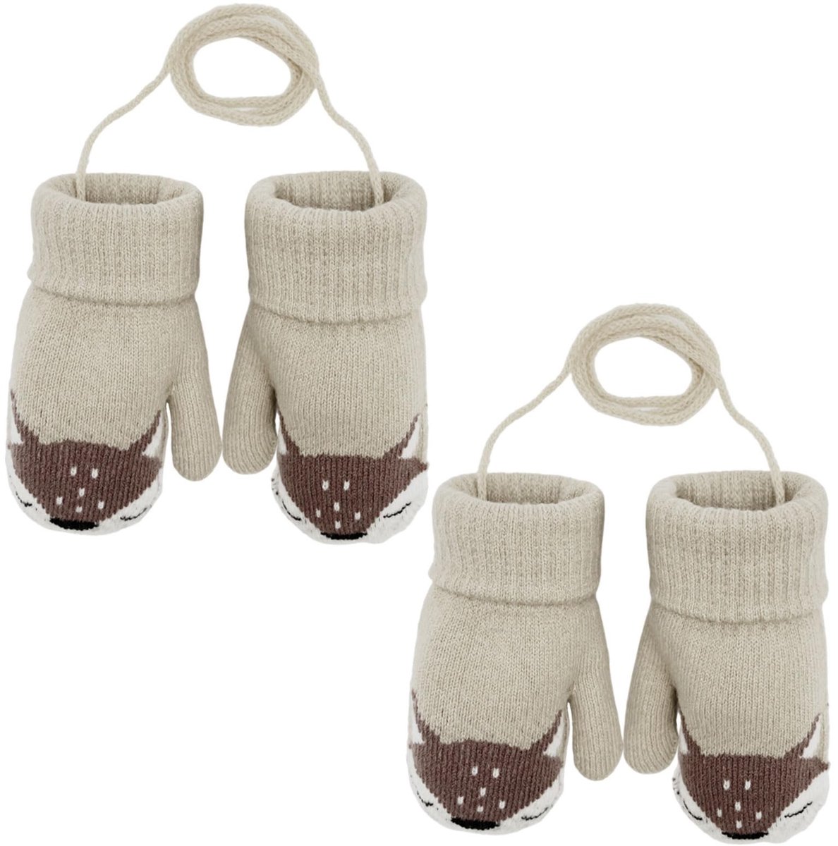 Dailygoods- Winterwanten 2 paar - Gebreide wanten - Fleece gevoerd - Schattige vossen - Voor babyjongens/meisjes - Hangend aan de hals - Babyhandschoenen