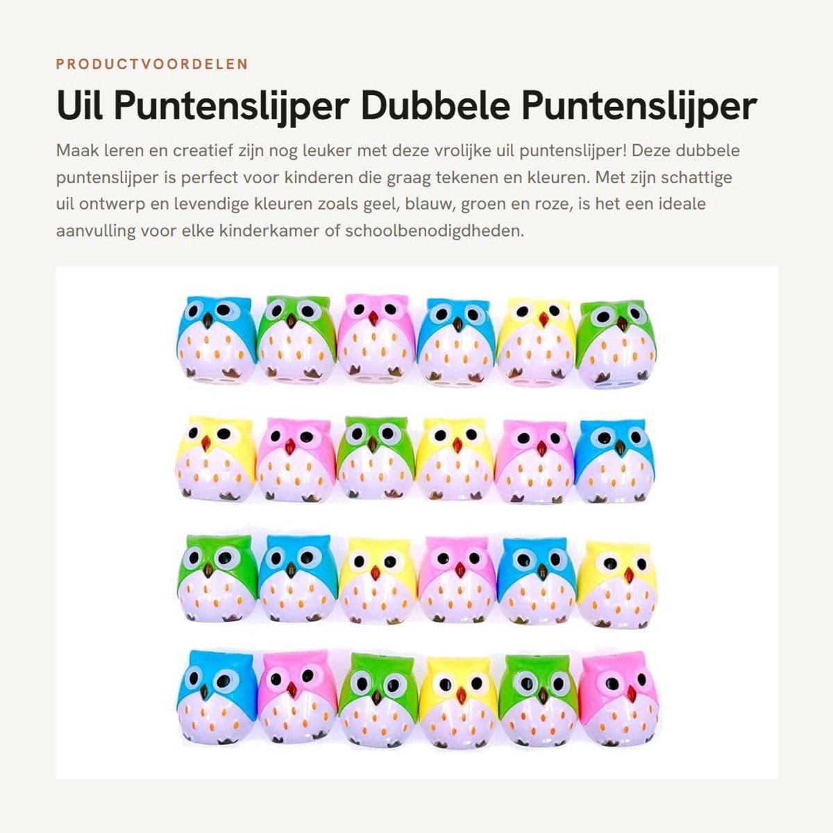 Dailygoods- Puntenslijper Uil - 24 Stuks - ABS-Kunststof - Kinderspeelgoed - Feestcadeautje - Afmetingen 4,3 x 3,9 x 4,5 cm - Potloodslijper