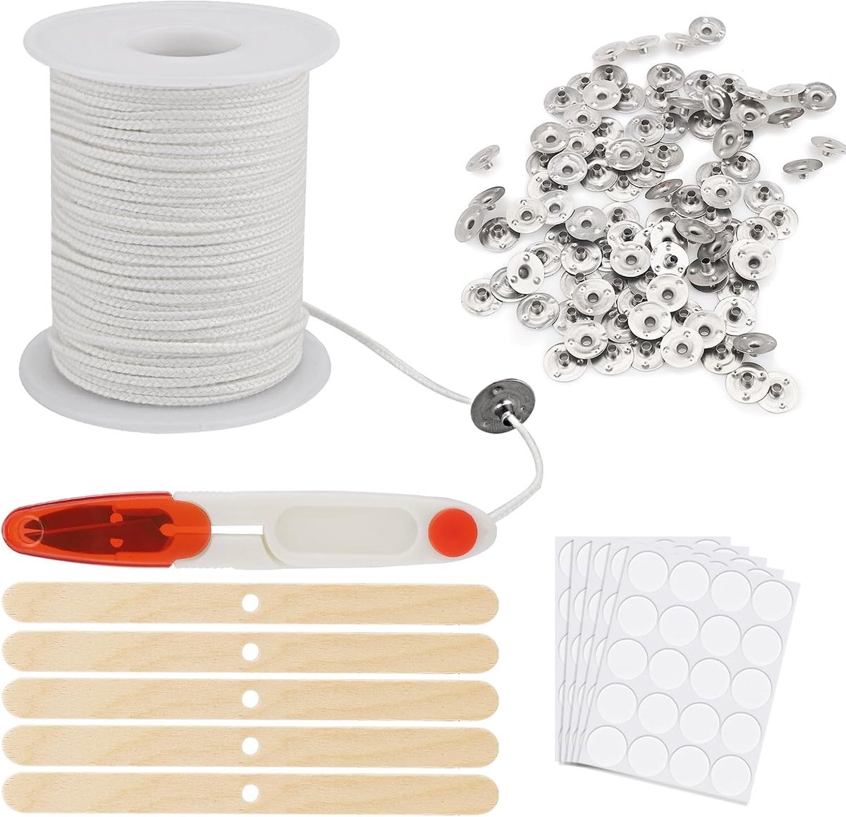 100 Katoenen Kaarsenlonten met Houders en Stickers - Rookvrij en Duurzaam voor DIY Kaarsen Maken