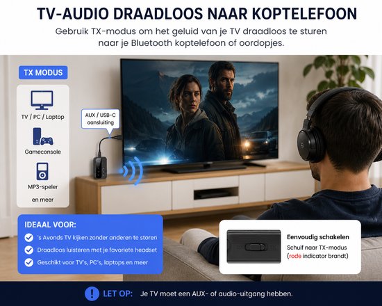 DrPhone BTConnect Bluetooth 5.4 Audio Adapter - Zender & Ontvanger - AUX 3.5mm - TV Auto Speaker van DrPhone — afbeelding 2