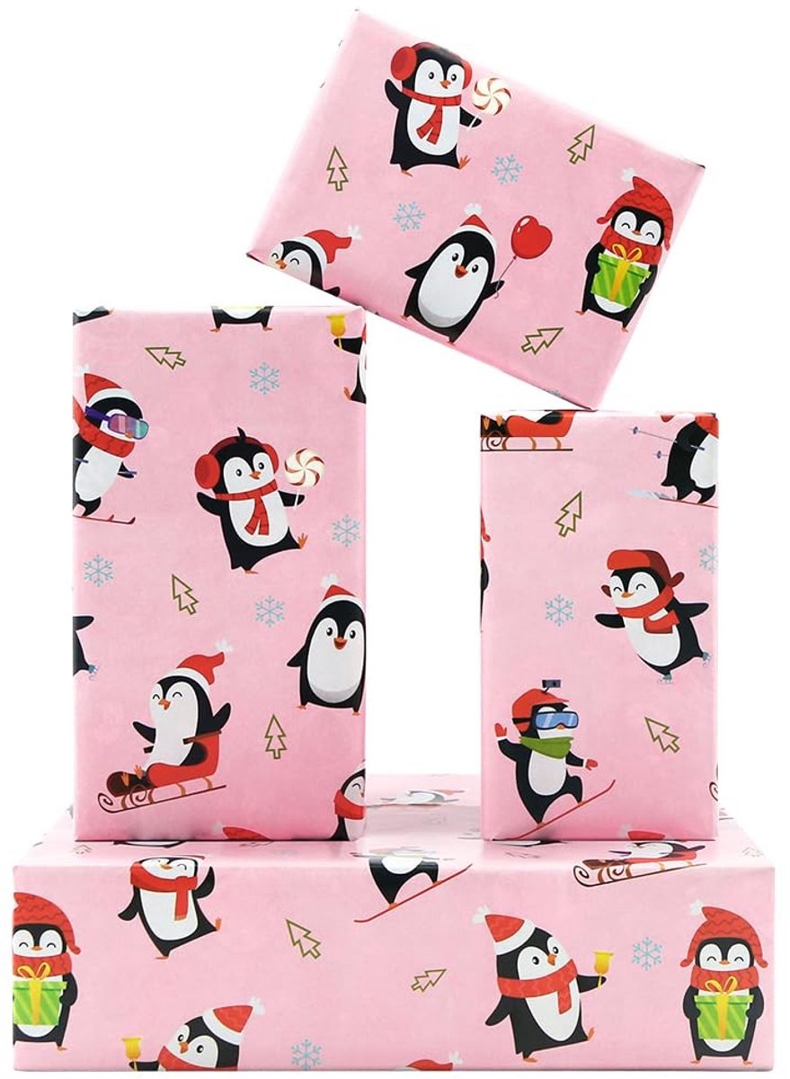Dailygoods- Kerstpapier met schaatspinguïn - Cadeaupapier verjaardag - Inpakpapier rollen - Roze cadeaupapier - Kerstmis - 4 vellen 50 x 70 cm