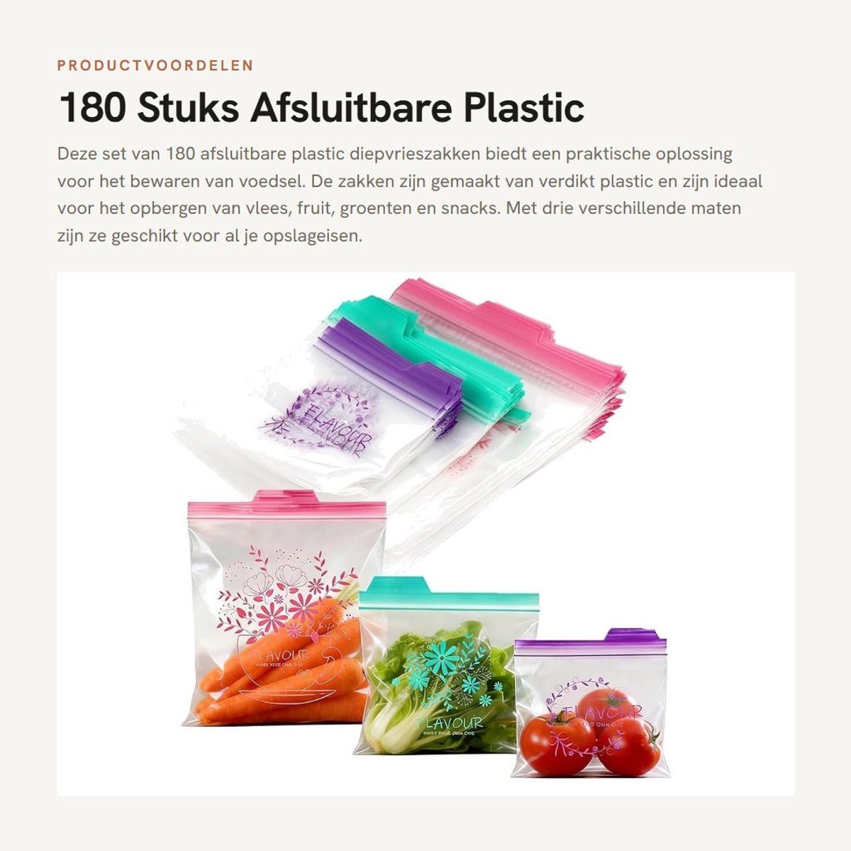 Dailygoods- Diepvrieszakken 180 stuks - Verzegelbare Plastic Zakken - Diepvrieszakken met Zipsluiting - Voedselopbergzakken - Maat 27x28/22x18/14x16cm - Duurzaam en Lekvrij - Voedselzakken
