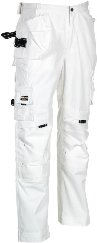 Zwarte werkbroek met versterkte knieën en contrasterende witte stiksels.