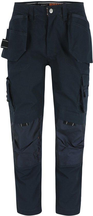 Donkerblauwe werkbroek met diverse zakken en kniestukken, herock logo op de tailleband.