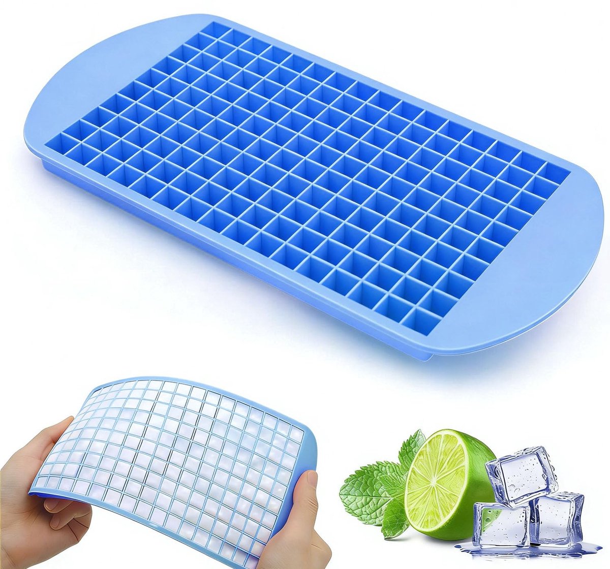 Mini ijsblokjesvorm - 1 stuk - 160 mini blokjes - Zonder deksel - Siliconen - 1 x 2 cm - BPA Vrij - Vaatwasserbestendig - Blauw