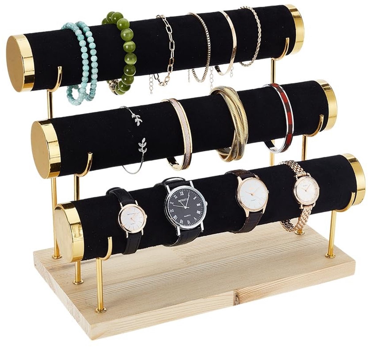Dailygoods- Armbandhouder 3-Tier - Fluwelen Display - Houten Basis - Sieradenstandaard - Luxe Presentatie - Afneembaar 29x16x24cm