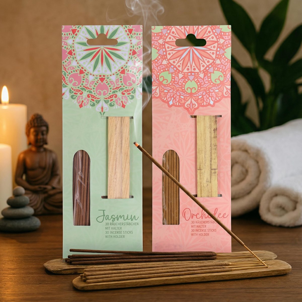 Dailygoods- Wierookstokjes set 2-delig - Jasmijn/Orchidee geuren - 30 stokjes ca. 20 cm - Houten houders - Meditatie/ontspanning - Rustgevende sfeer - Geurstokjes