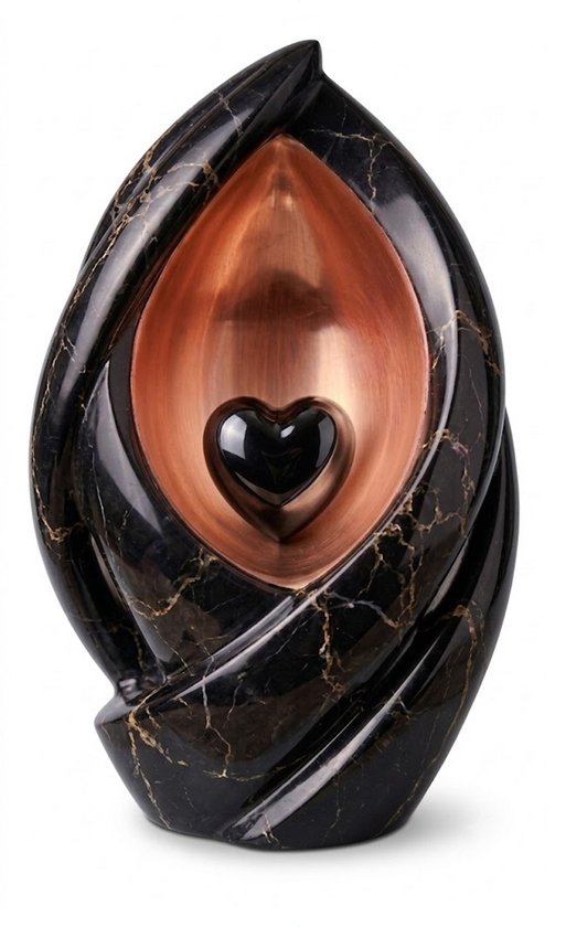 Zwarte marmeren urn met gouden aderen, bronzen binnenkant en een hart.