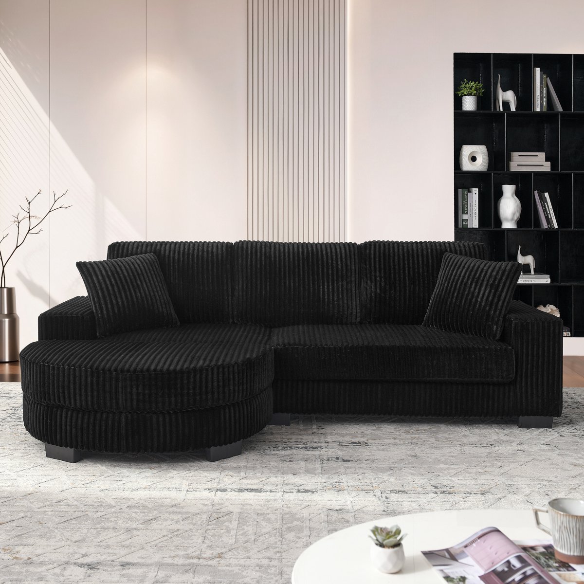 STILVORA Hoekbank 256,5 x 133,5 x 89 cm - Modulaire 4-Zits Met Verplaatsbare Hocker - Voor Woonkamer En Kantoor - Zwart