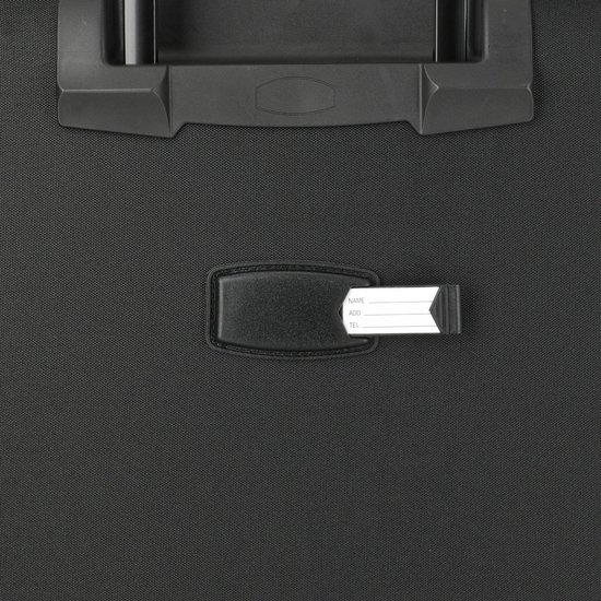 Fermeture et porte-étiquette sur une valise noire. Contient 'NAME', 'ADD', 'TEL'.
