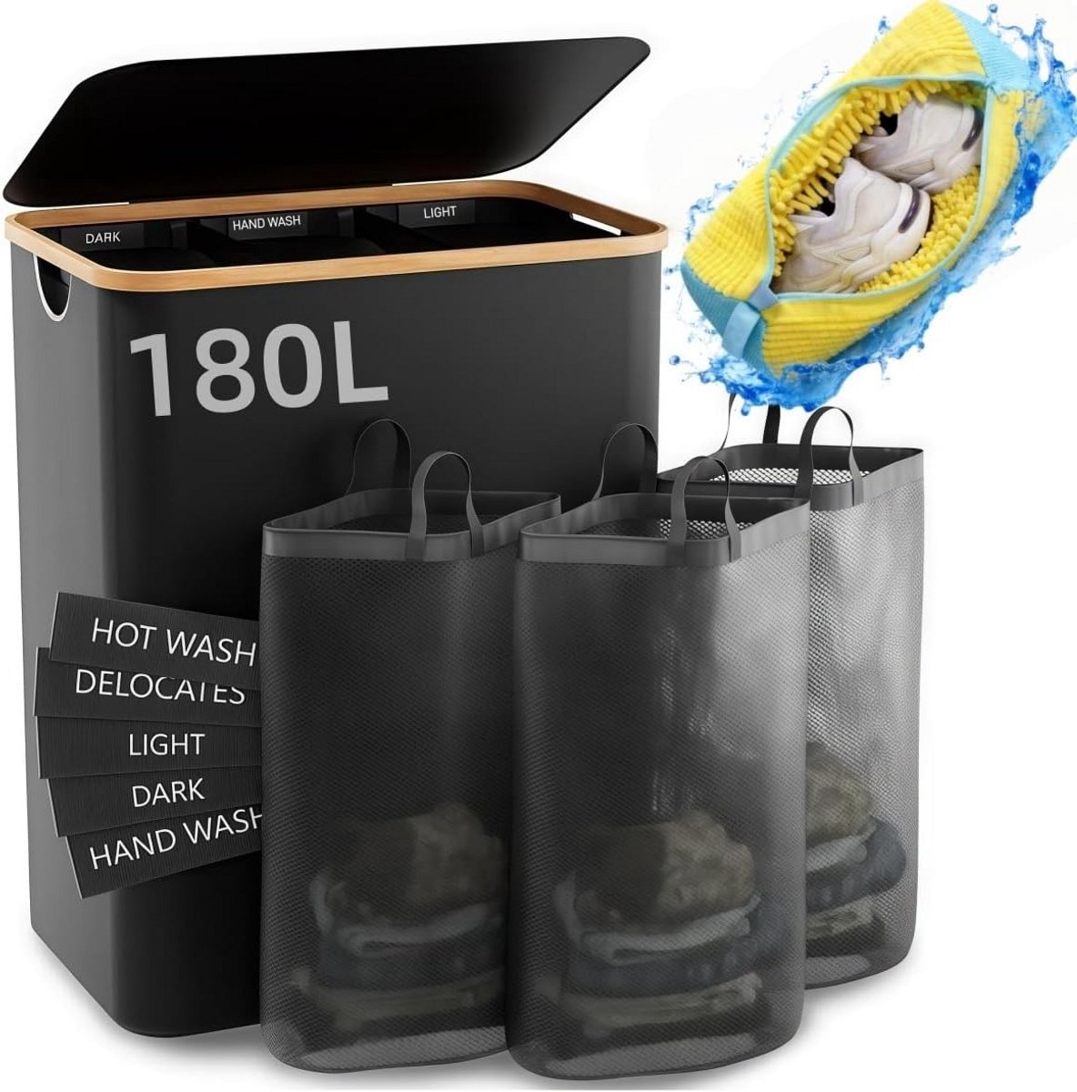 Wasmand Met Vakken Kleding Organizer Sorteren Van Wasgoed Inclusief Schoenwaszak 180 Liter Zwart