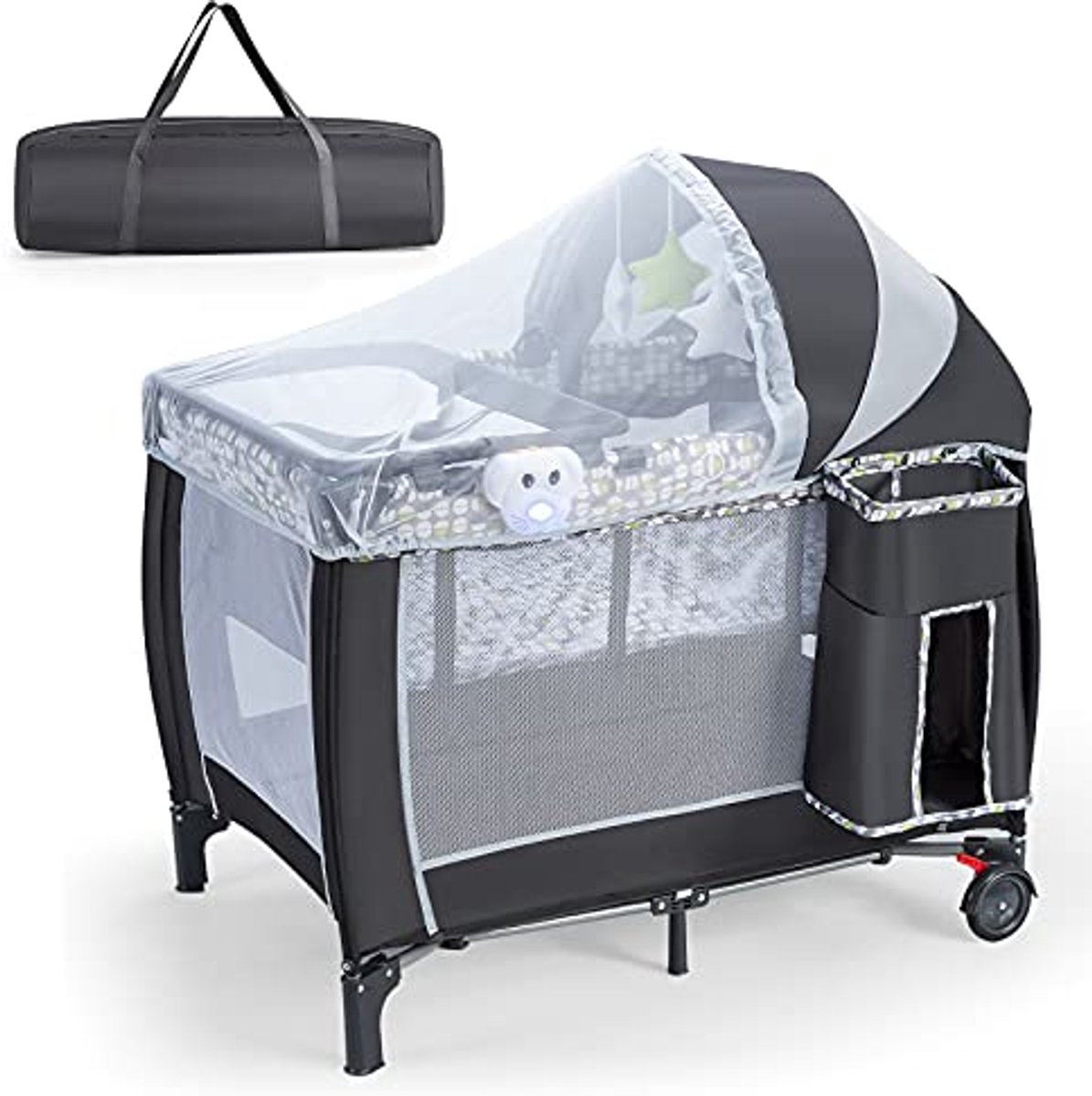 Inklapbaar reisbed - Babybed met wieltjes - Veilig slapen - Met speelboog - Tot 15 kg - Grijs