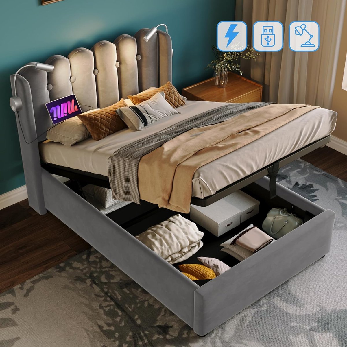 Gestoffeerd Bed - Leeslamp Hoofdbord - Opbergen Slapen - Geïntegreerde USB - 90 x 200 cm -