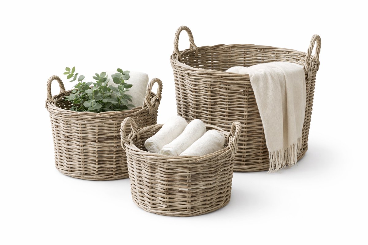 Ronde Rotan Mand - Ø32xH21 cm - Mand Met Handvat - Plantenmand - Opbergmand