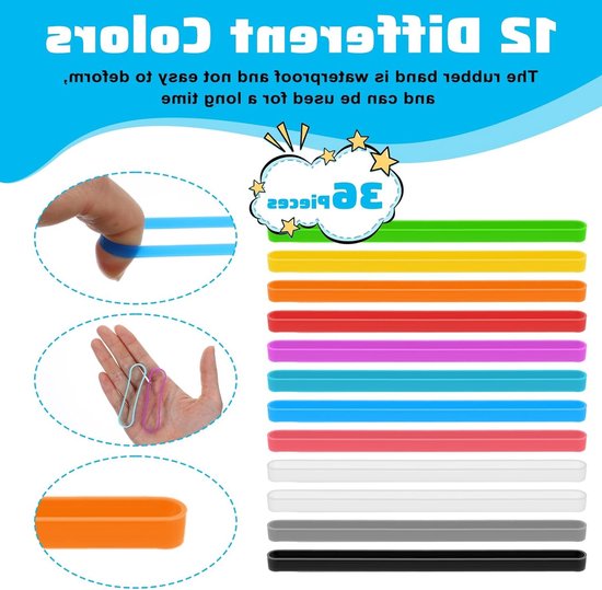 Set van 36 Kleurige Herbruikbare Siliconen Rubber Ringen - Brede Elastische Bands voor Kantoor, Thuis en Schoolbenodigdheden — afbeelding 2