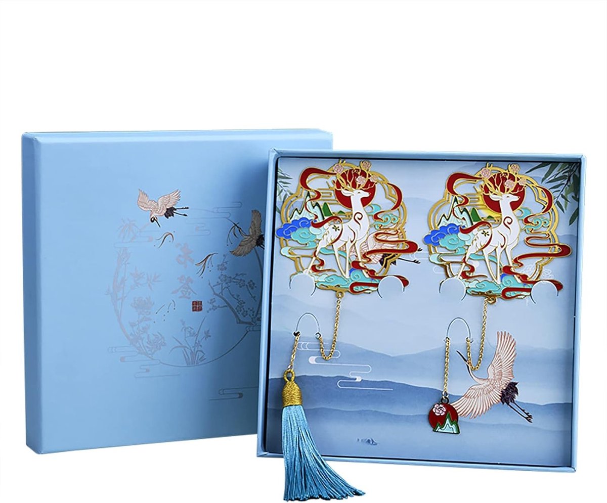 Set van 2 Vintage Metalen Boekenleggers met Gouden Tassel en Cadeaubox voor Boekenliefhebbers, Vrouwen en Kinderen