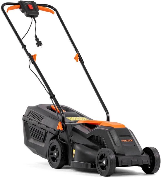 Zwarte elektrische FUXTEC grasmaaier met oranje details, van voren gezien.
